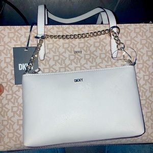Tan and white DKNY shoulder bag